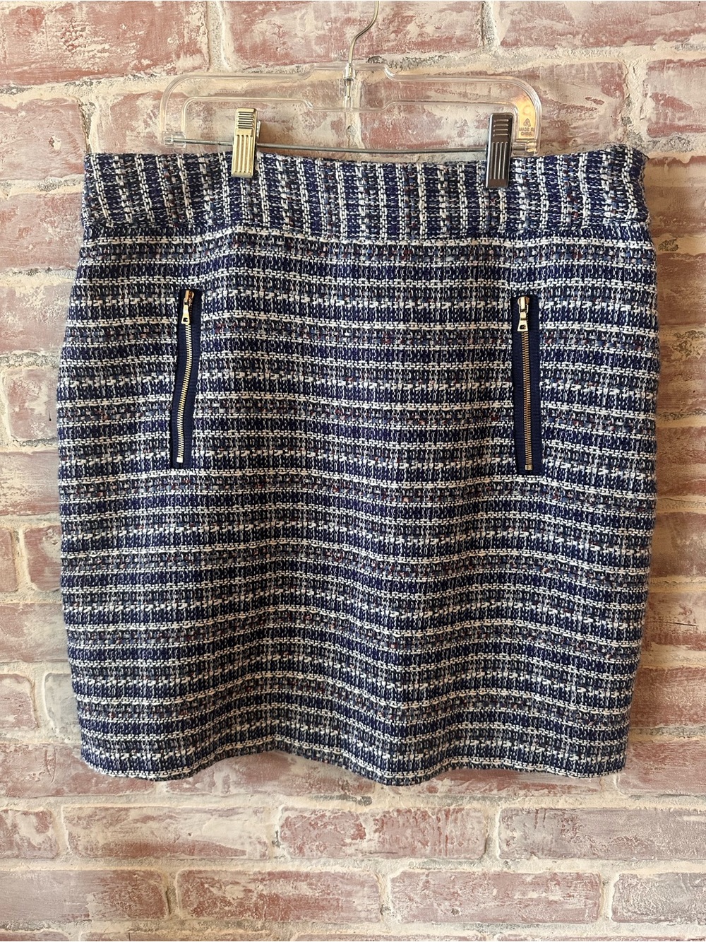 LOFT Navy and White Bouclé Pencil Skirt with Zip Pockets
